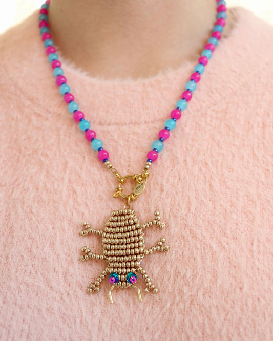 PINK/BLUE NECKLACE GOLD BEETLE AURI