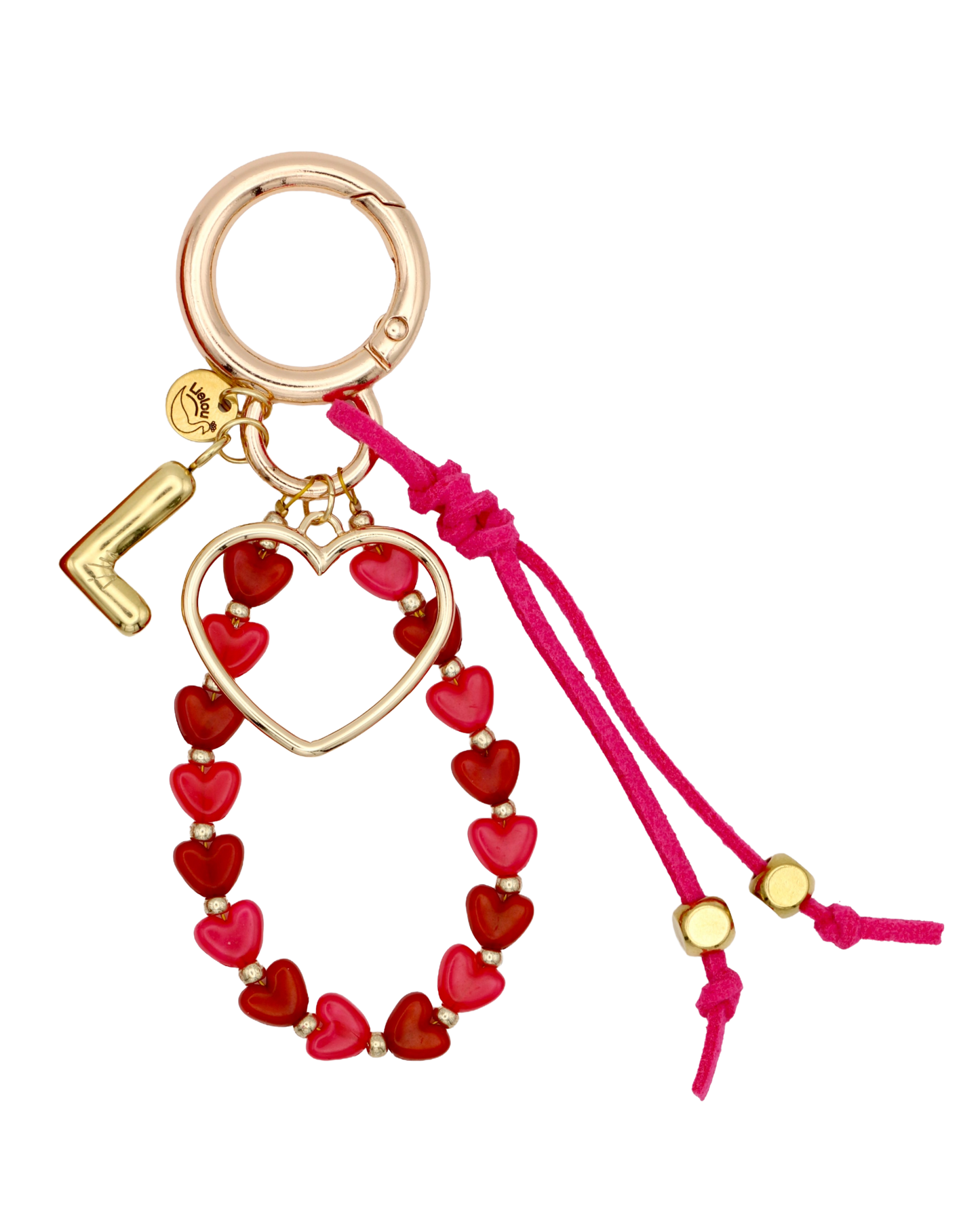 ROOD/ROZE HAPPY HEARTS BAG CHARM - MET PERSOONLIJKE LETTER