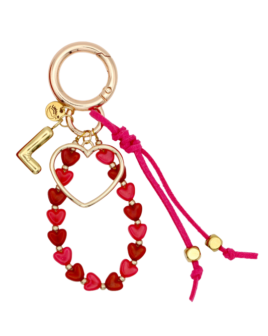 ROOD/ROZE HAPPY HEARTS BAG CHARM - MET PERSOONLIJKE LETTER