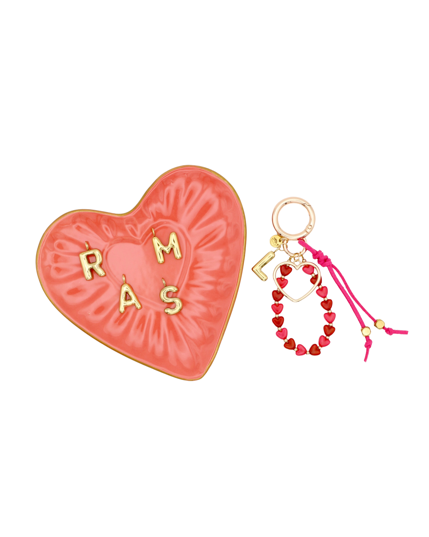 ROOD/ROZE HAPPY HEARTS BAG CHARM - MET PERSOONLIJKE LETTER