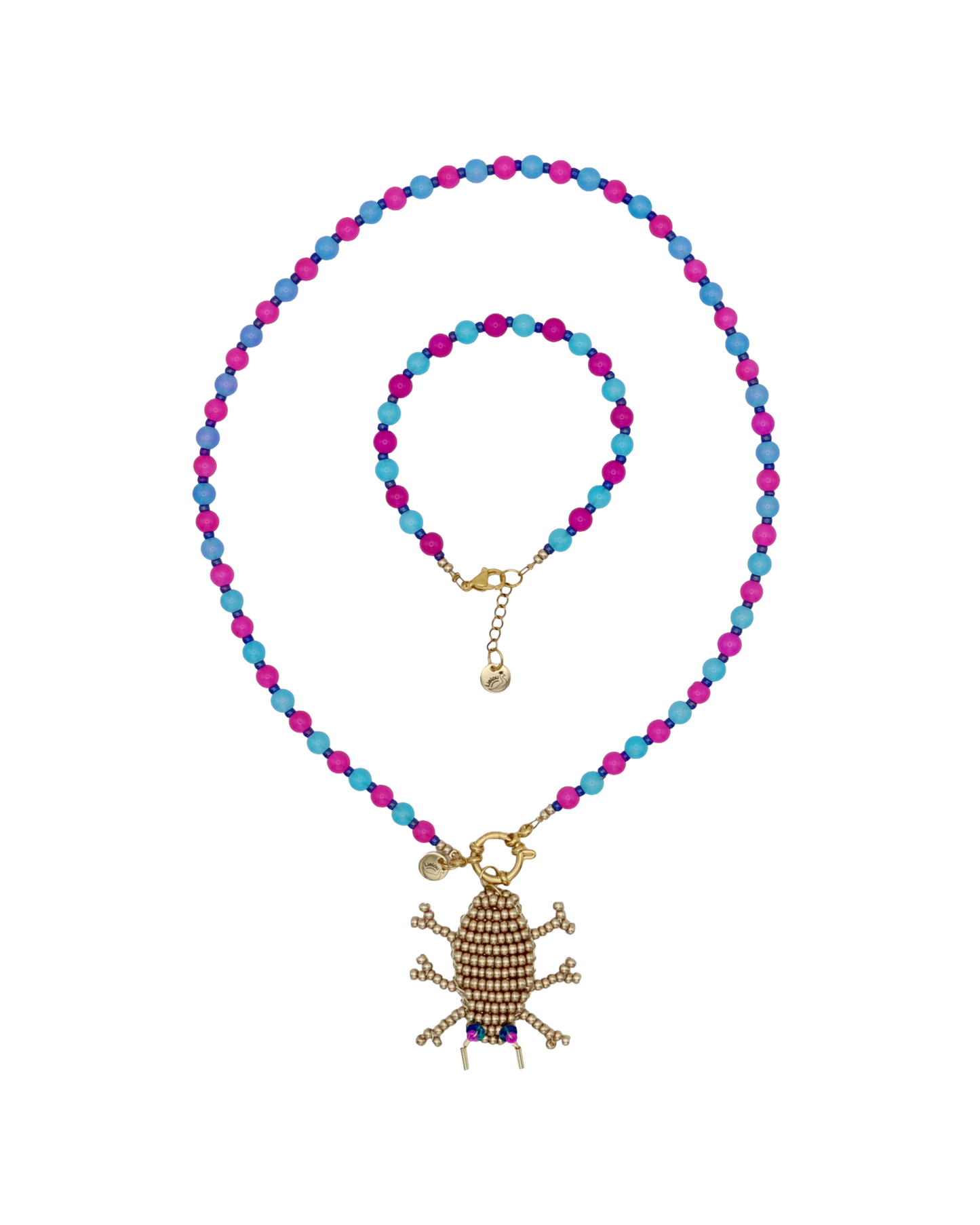 PINK/BLUE NECKLACE GOLD BEETLE AURI