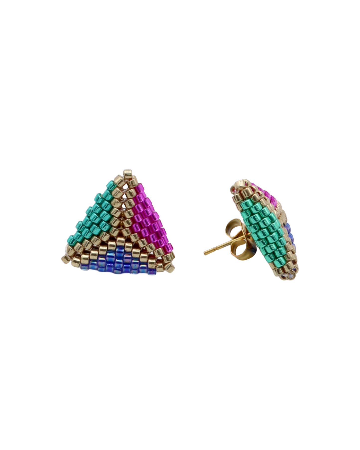 SPARKLING TRIO TRIANGLE STUD OORBELLEN - BLAUW/ROZE/GOUD