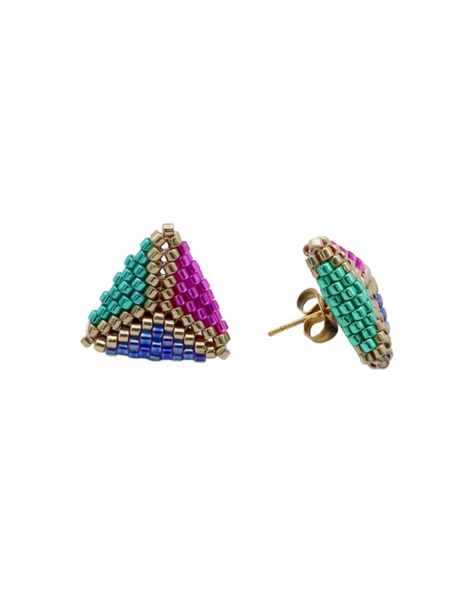 SPARKLING TRIO TRIANGLE STUD OORBELLEN - BLAUW/ROZE/GOUD