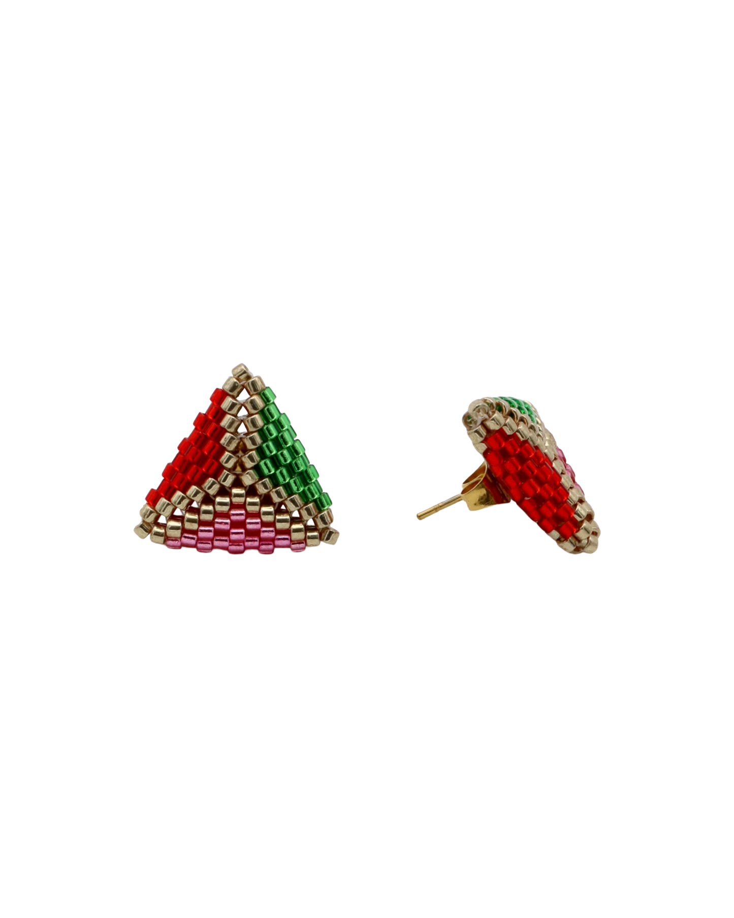 SPARKLING TRIO TRIANGLE STUD OORBELLEN - GROEN/ROOD/GOUD