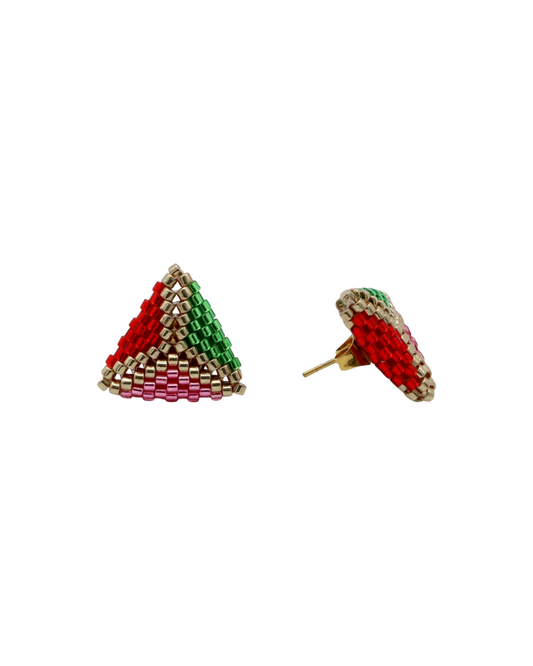 SPARKLING TRIO TRIANGLE STUD OORBELLEN - GROEN/ROOD/GOUD