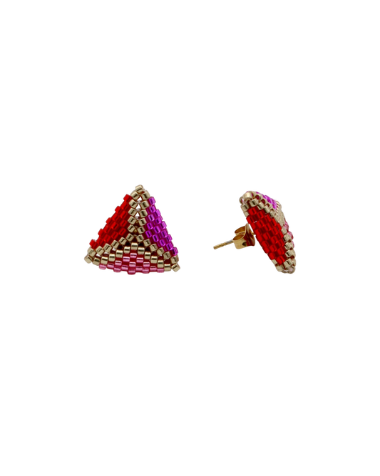 SPARKLING TRIO TRIANGLE STUD OORBELLEN - ROOD/ROZE/GOUD