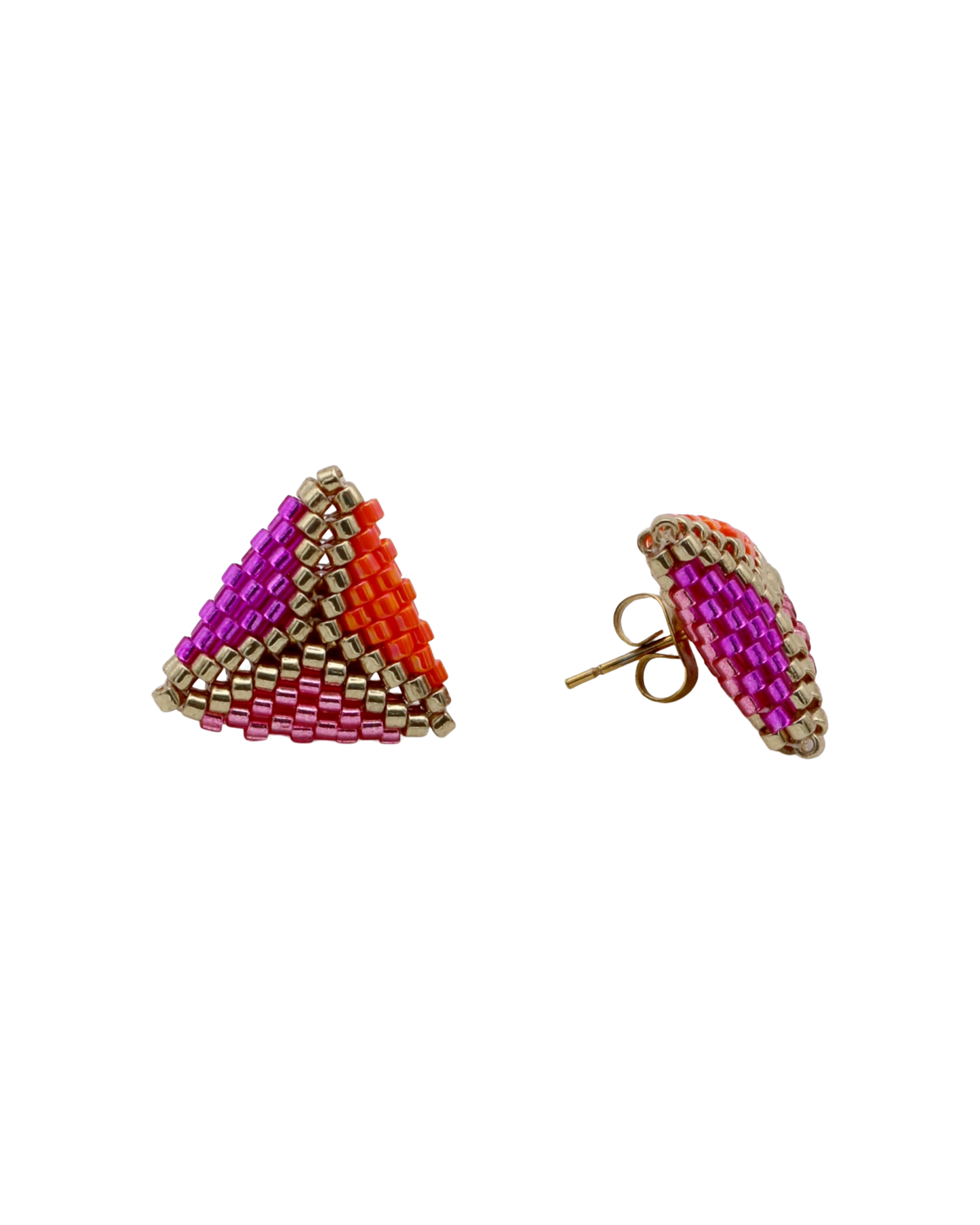 SPARKLING TRIO TRIANGLE STUD OORBELLEN - ROZE/ORANJE/GOUD