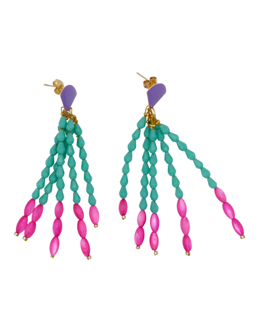 TURQUOISE ROZE STRING OORBELLEN